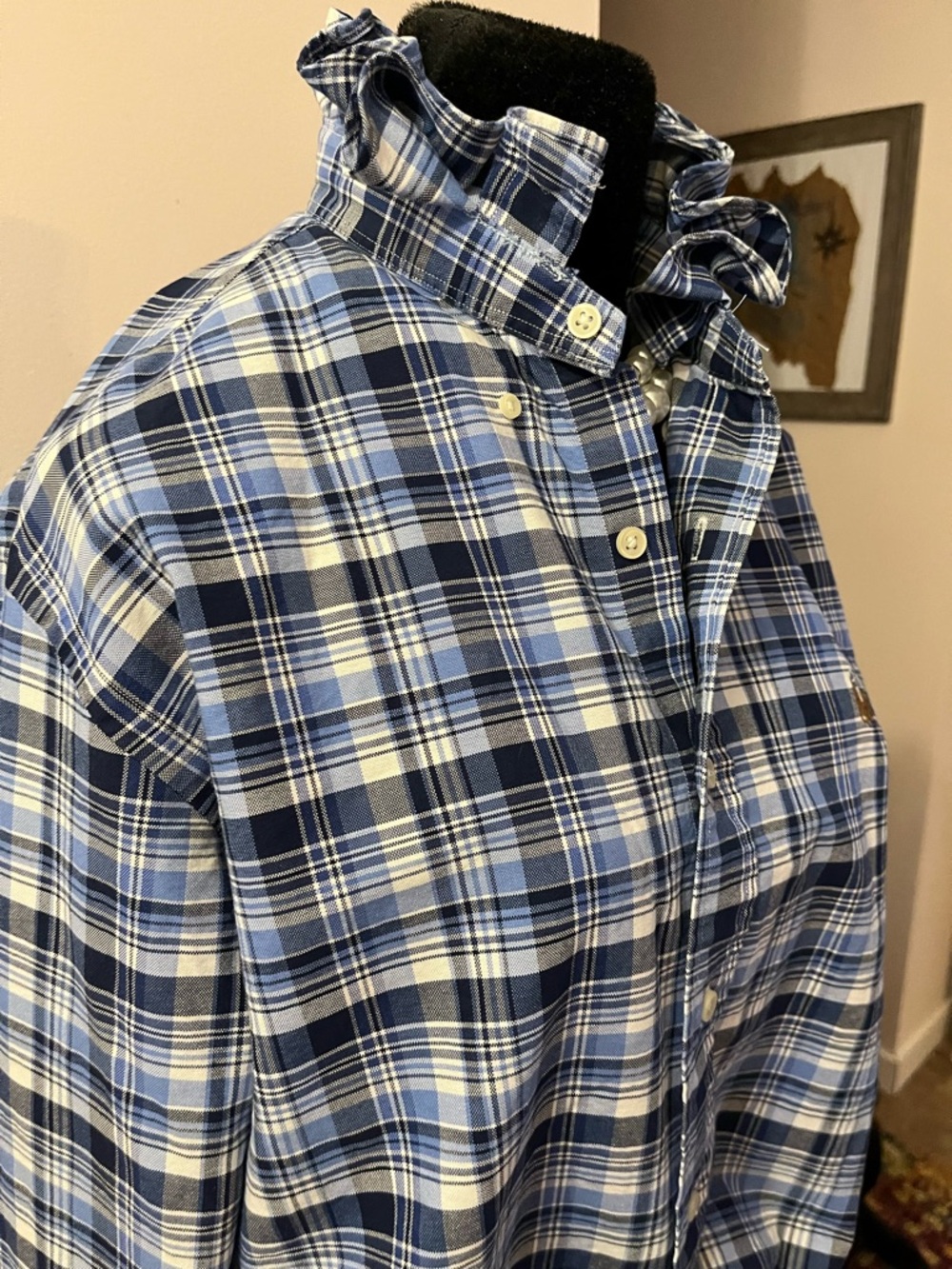 Upcycled Ralph Lauren Navy and Light Blue Plaid Shirt with ruffle collar - Picture 5 of 7